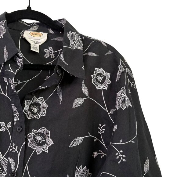 Talbots Women's Irish Linen Black Blouse Floral Embroidery 3/4 Sleeve Size Large - Picture 4 of 12
